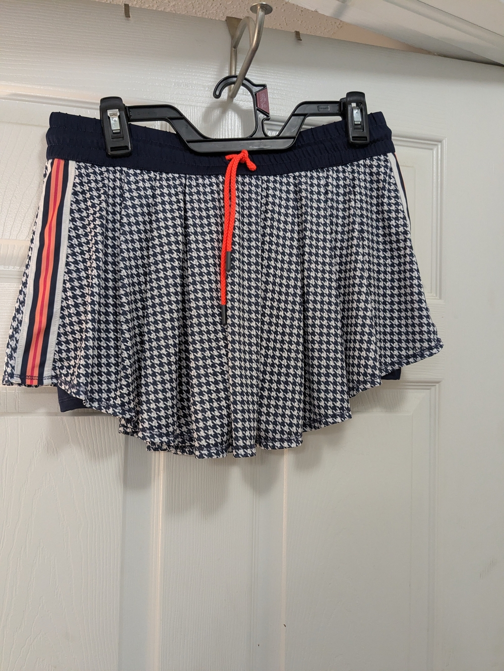Lucky in Love Navy Houndstooth Skater Skirt with Coral Drawstring
